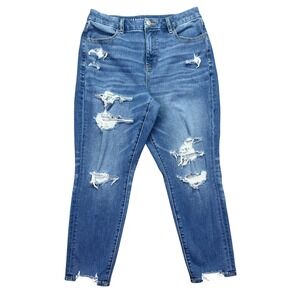 American Eagle Curvy Hi-Rise Jeggings Crop Distressed Denim Jeans Sz 10 Fits 28"